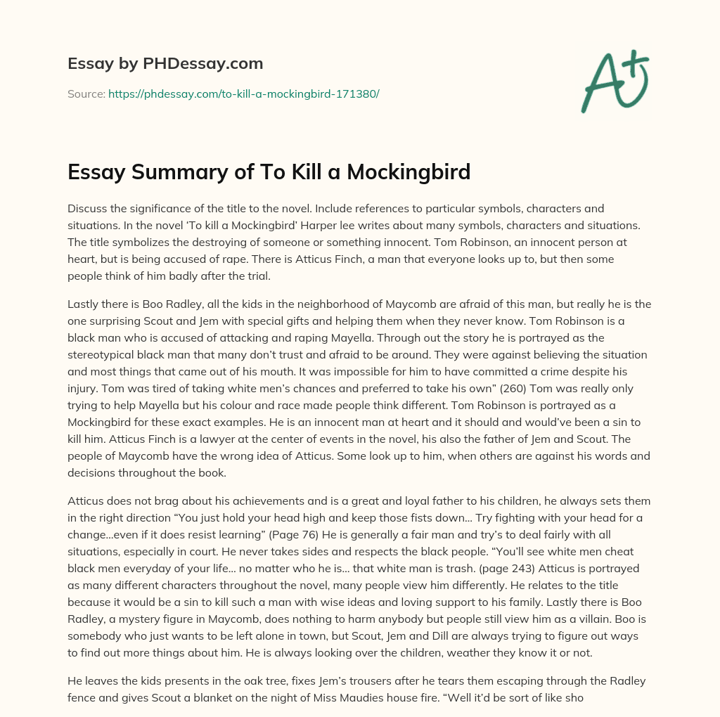 Essay Summary of To Kill a Mockingbird essay