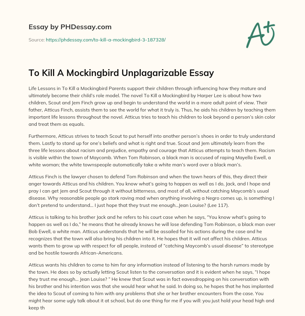 To Kill A Mockingbird Unplagarizable Essay essay