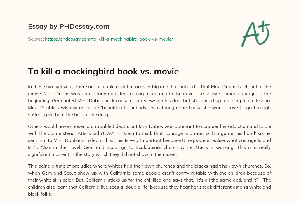 To kill a mockingbird book vs. movie essay
