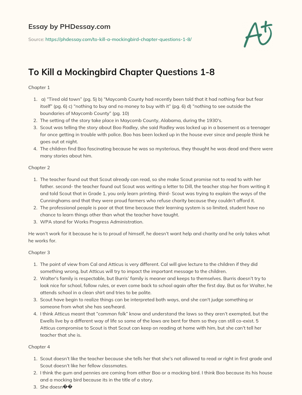 To Kill a Mockingbird Chapter Questions 1-8 essay