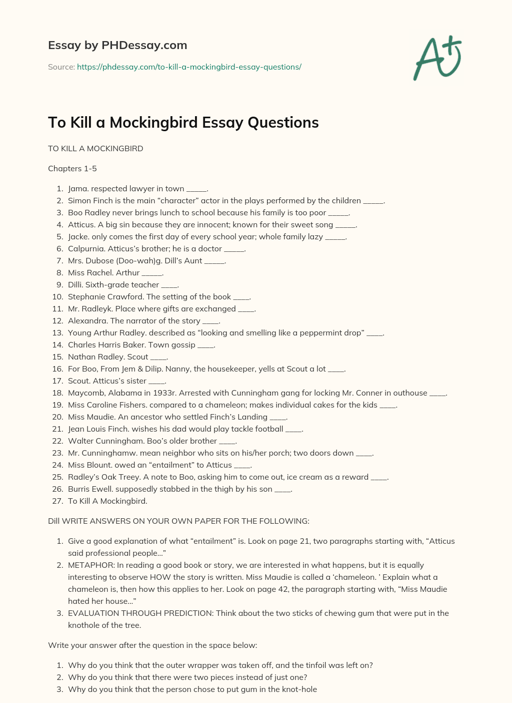 To Kill a Mockingbird Essay Questions essay