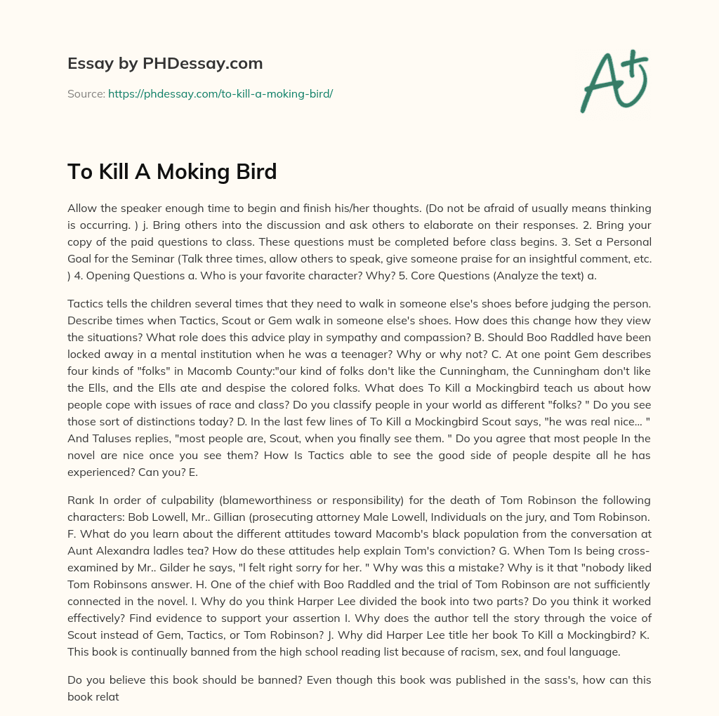 To Kill A Moking Bird essay