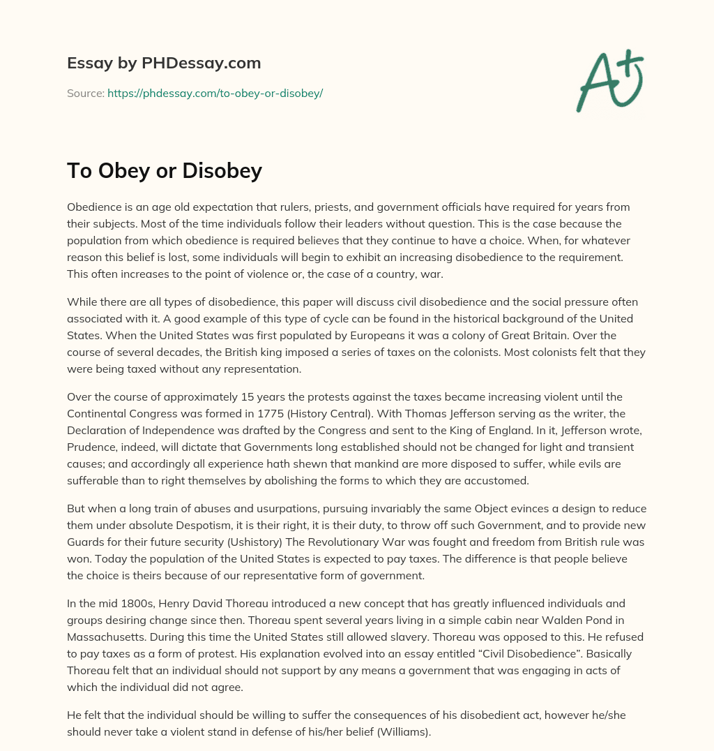 To Obey or Disobey essay
