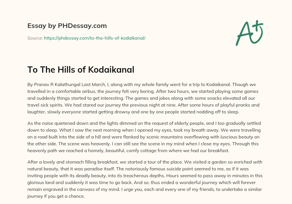 To The Hills of Kodaikanal essay