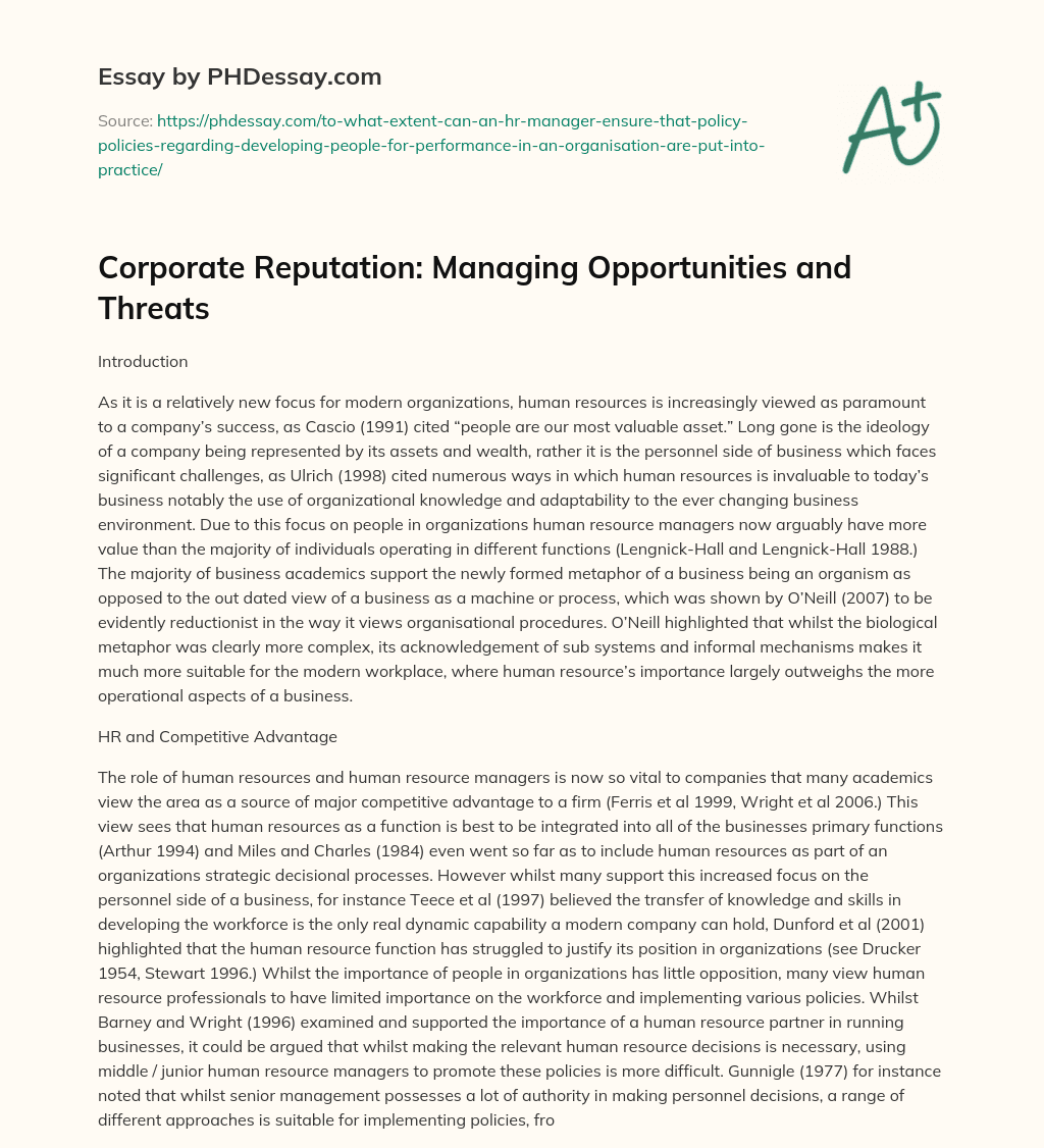 Corporate Reputation: Managing Opportunities and Threats essay