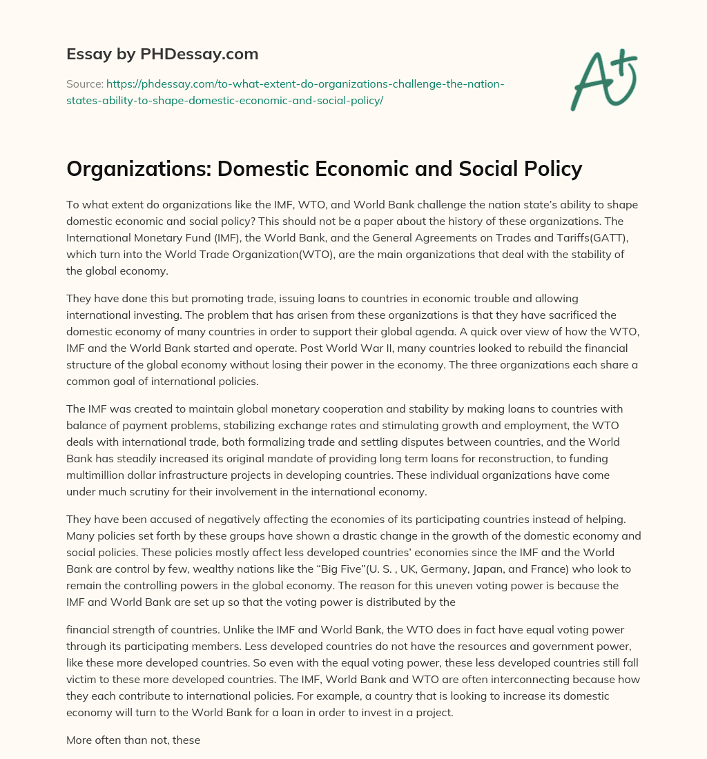 Organizations: Domestic Economic and Social Policy essay