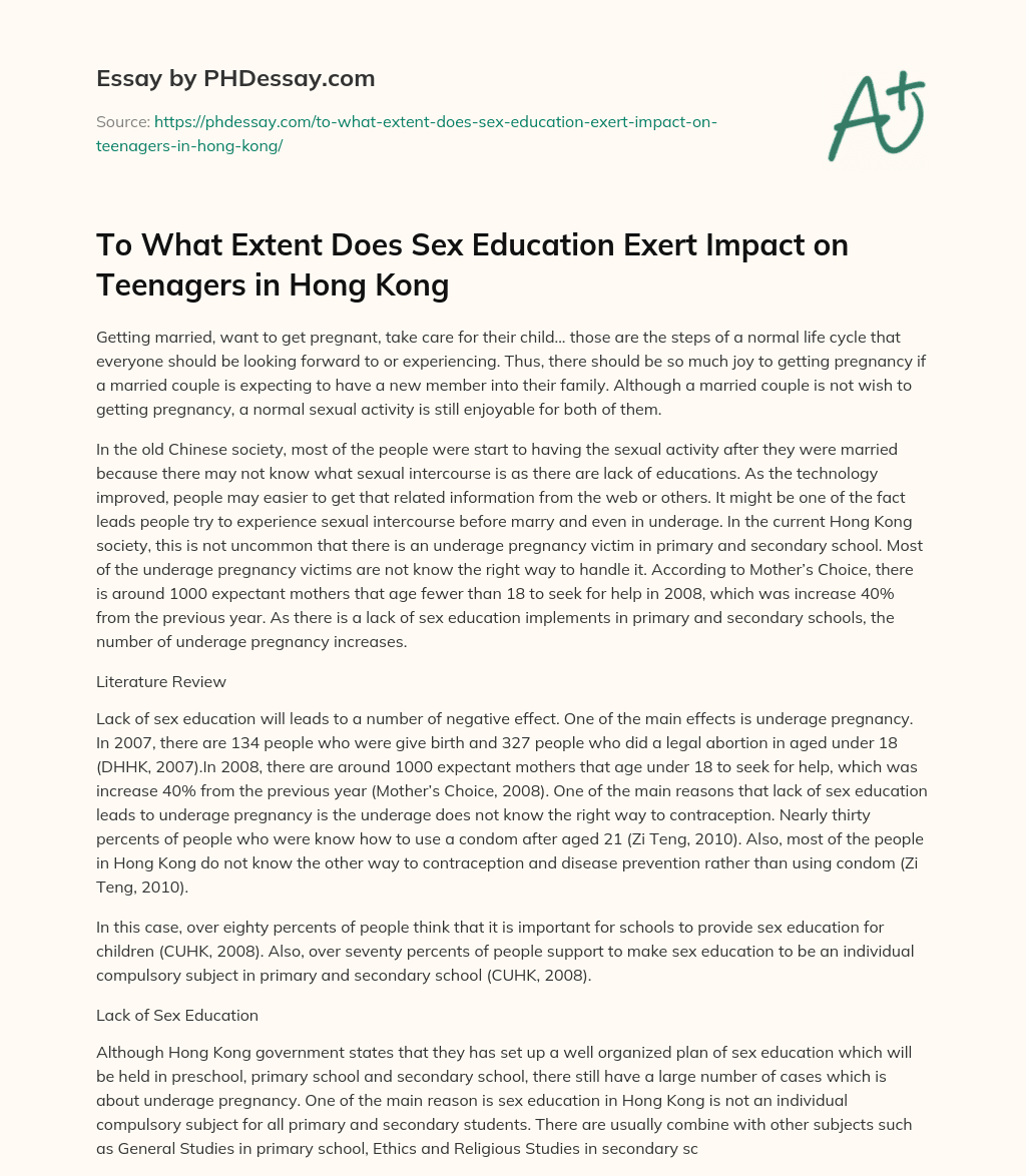 To What Extent Does Sex Education Exert Impact on Teenagers in Hong Kong essay