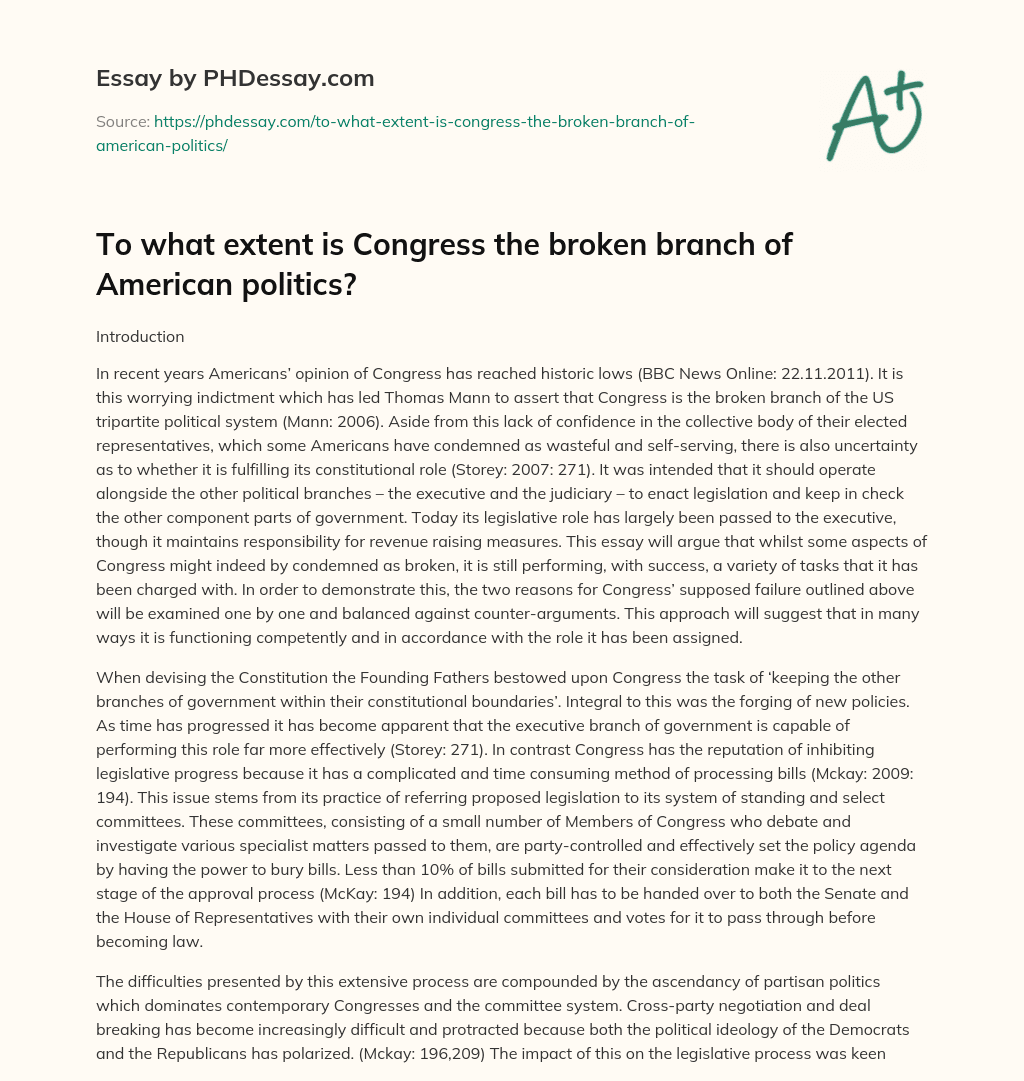 To what extent is Congress the broken branch of American politics? essay
