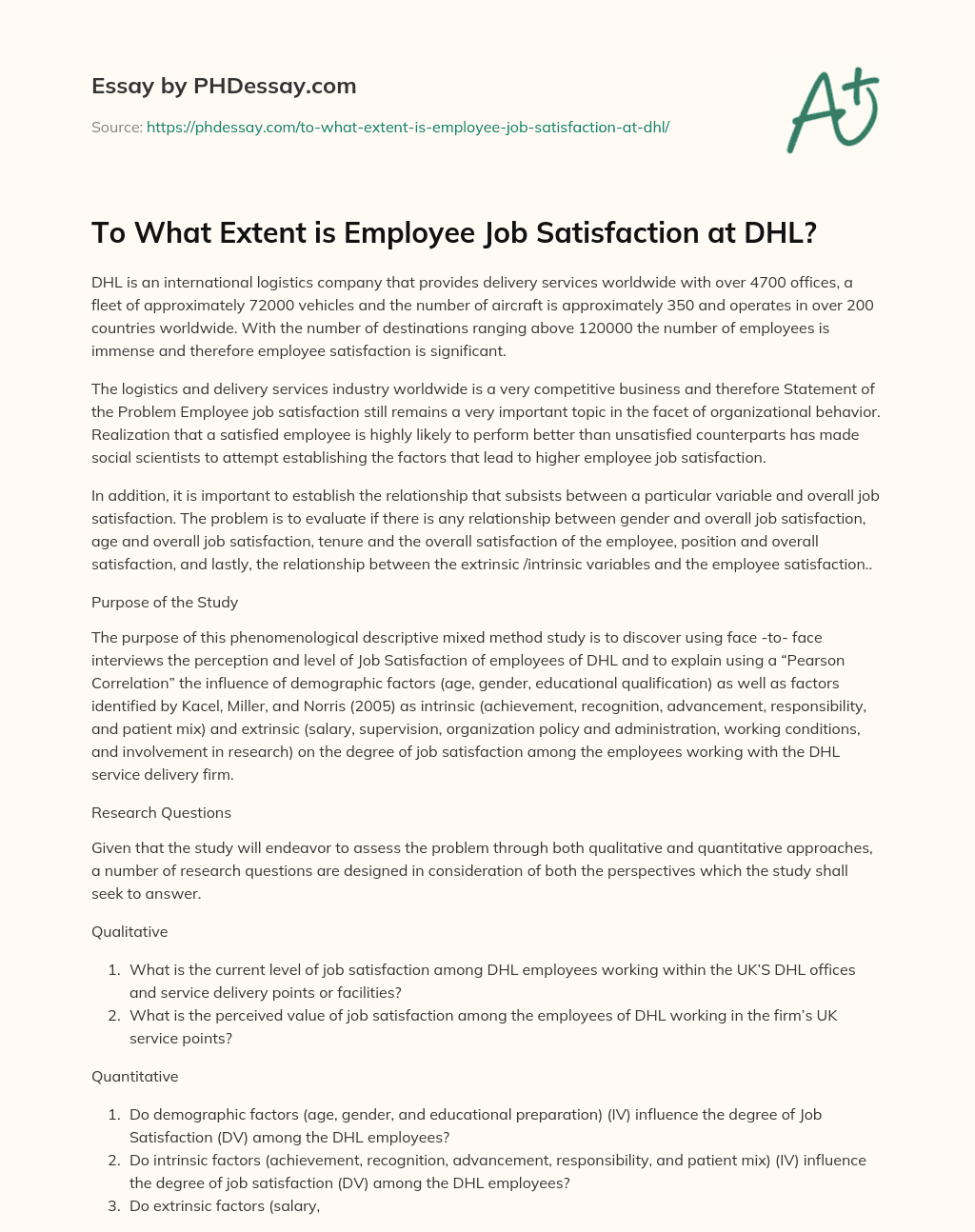 To What Extent is Employee Job Satisfaction at DHL? essay