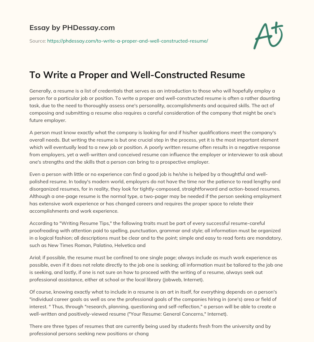To Write a Proper and Well-Constructed Resume essay