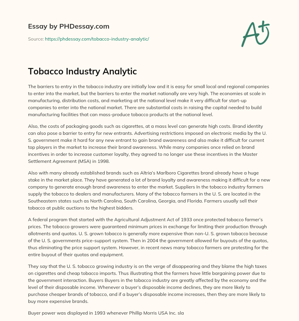 Tobacco Industry Analytic essay