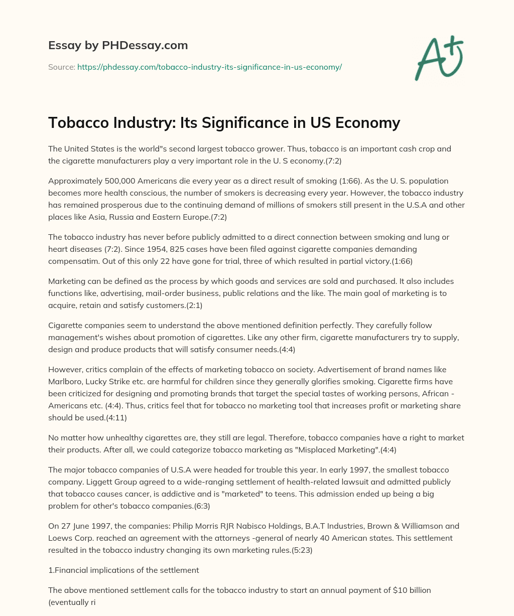 Tobacco Industry: Its Significance in US Economy essay