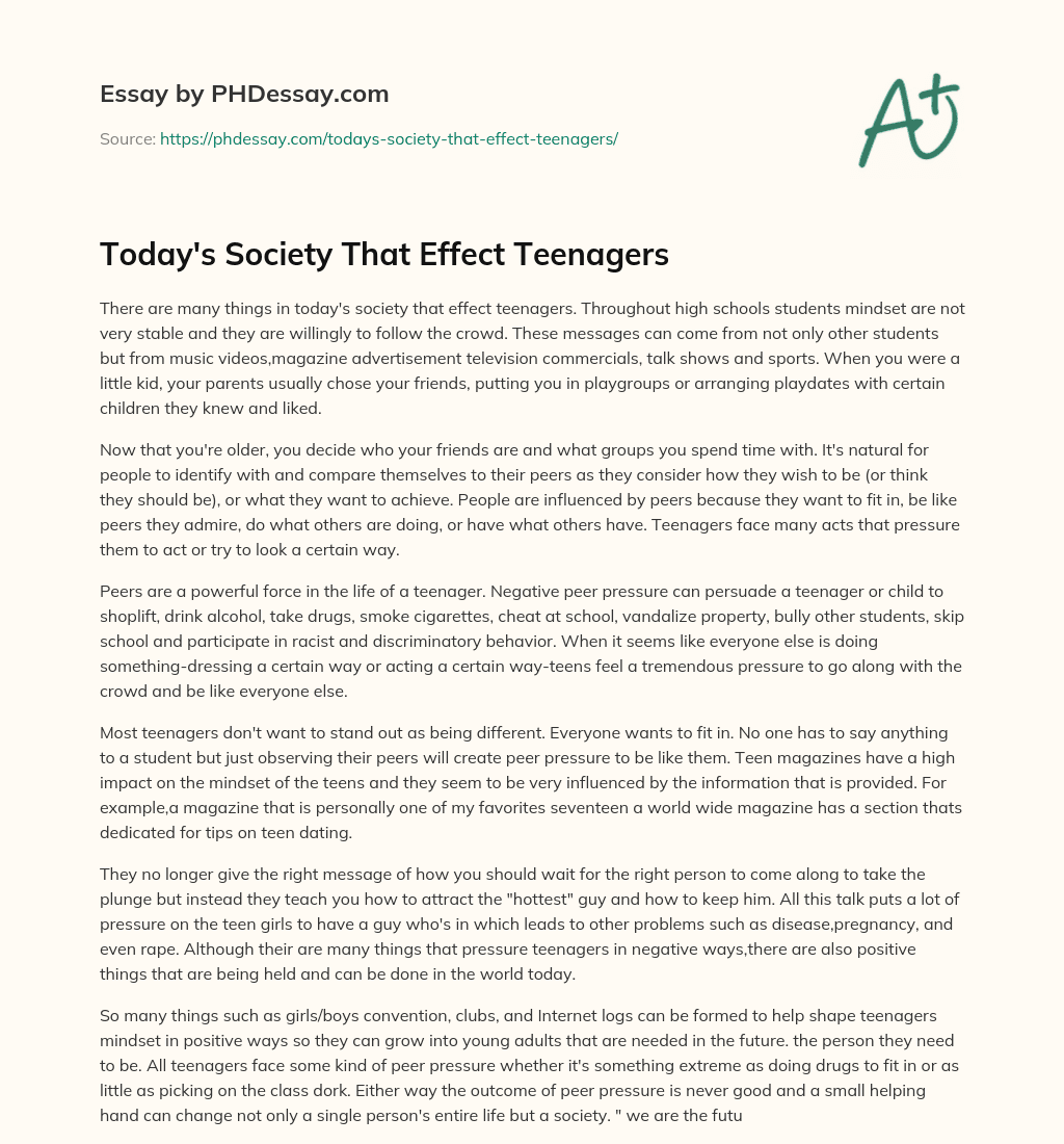 Today’s Society That Effect Teenagers essay