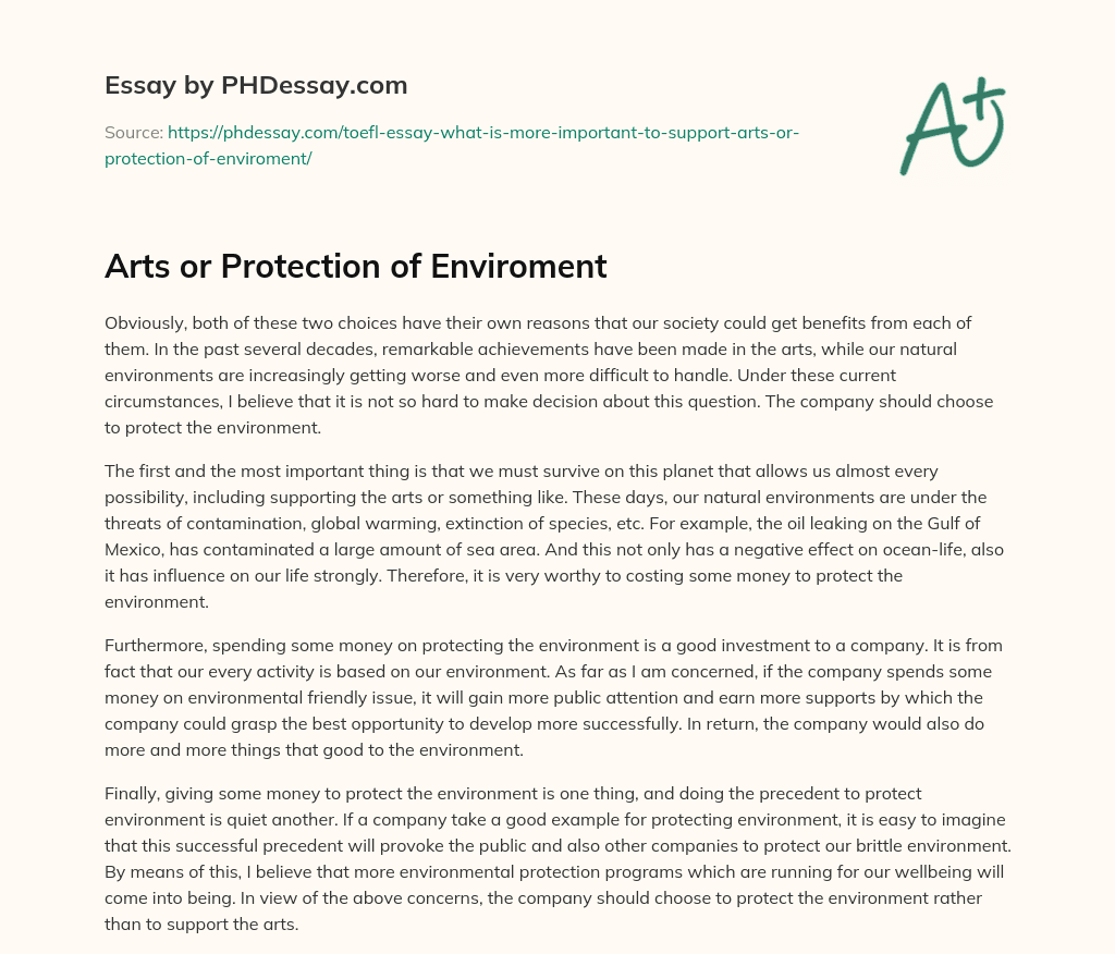 Arts or Protection of Enviroment essay