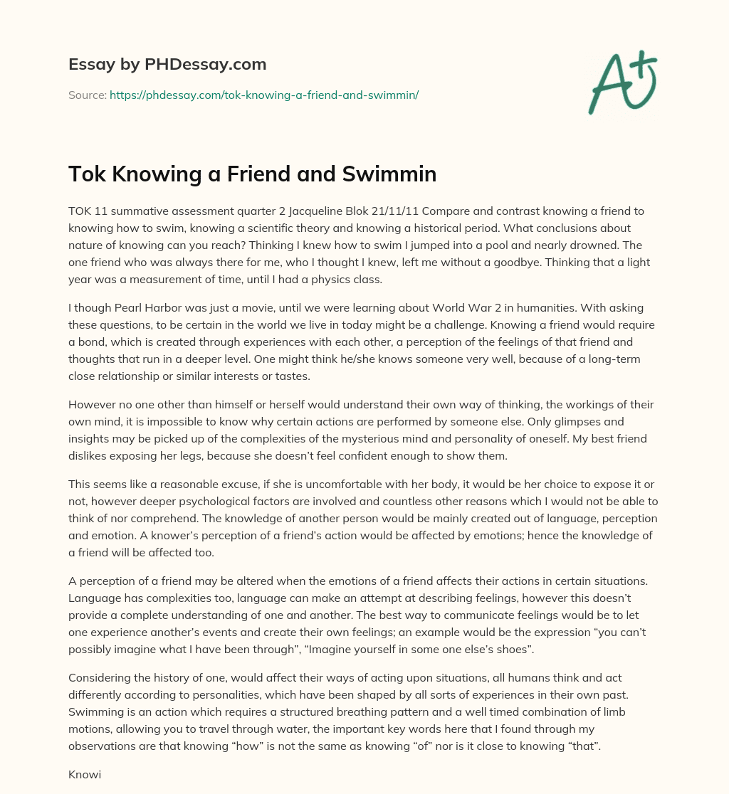 Knowing a Friend and Swimming essay