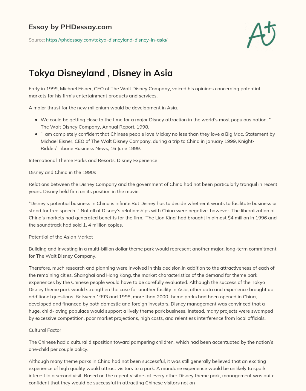 Tokya Disneyland , Disney in Asia essay