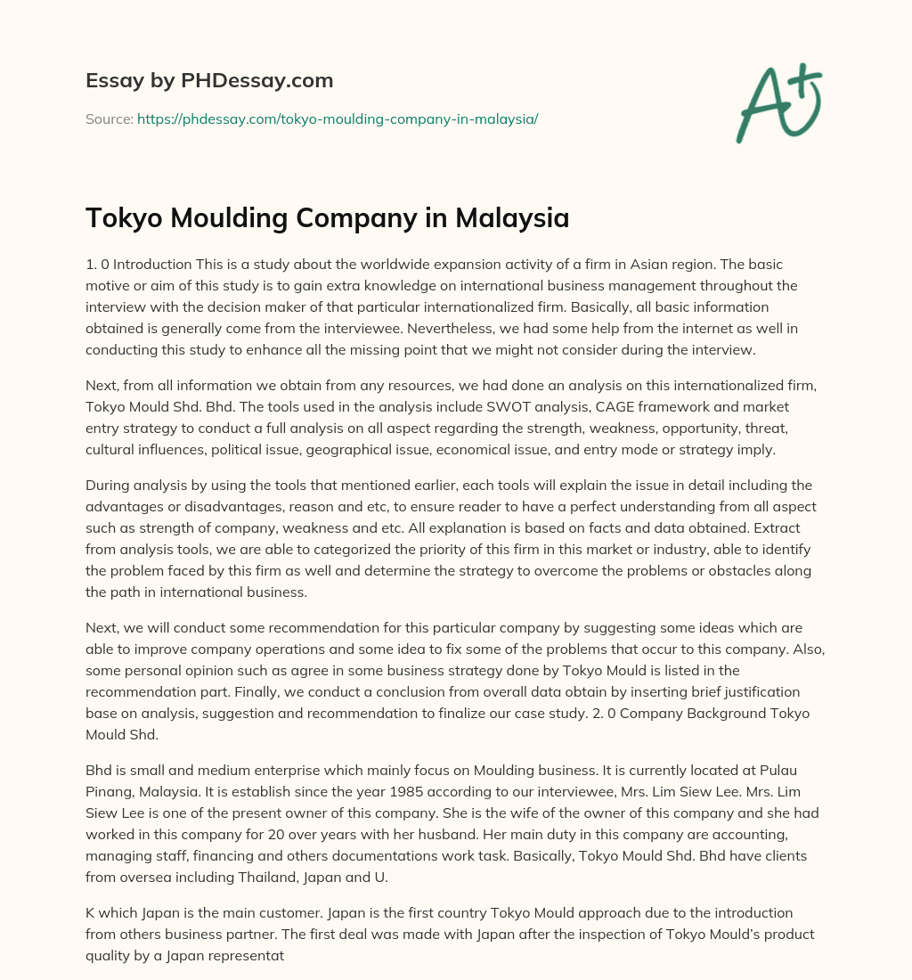 Tokyo Moulding Company in Malaysia essay