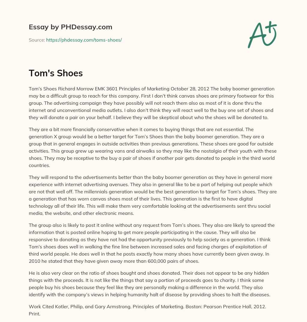 Targeting the Right Generation for Tom’s Shoes: Why Baby Boomers May Not Be the Best Market essay