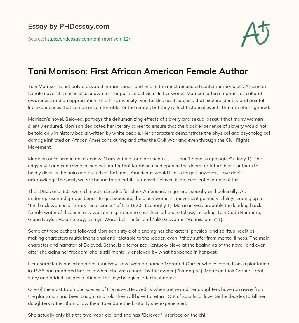 Toni Morrison: First African American Female Author essay