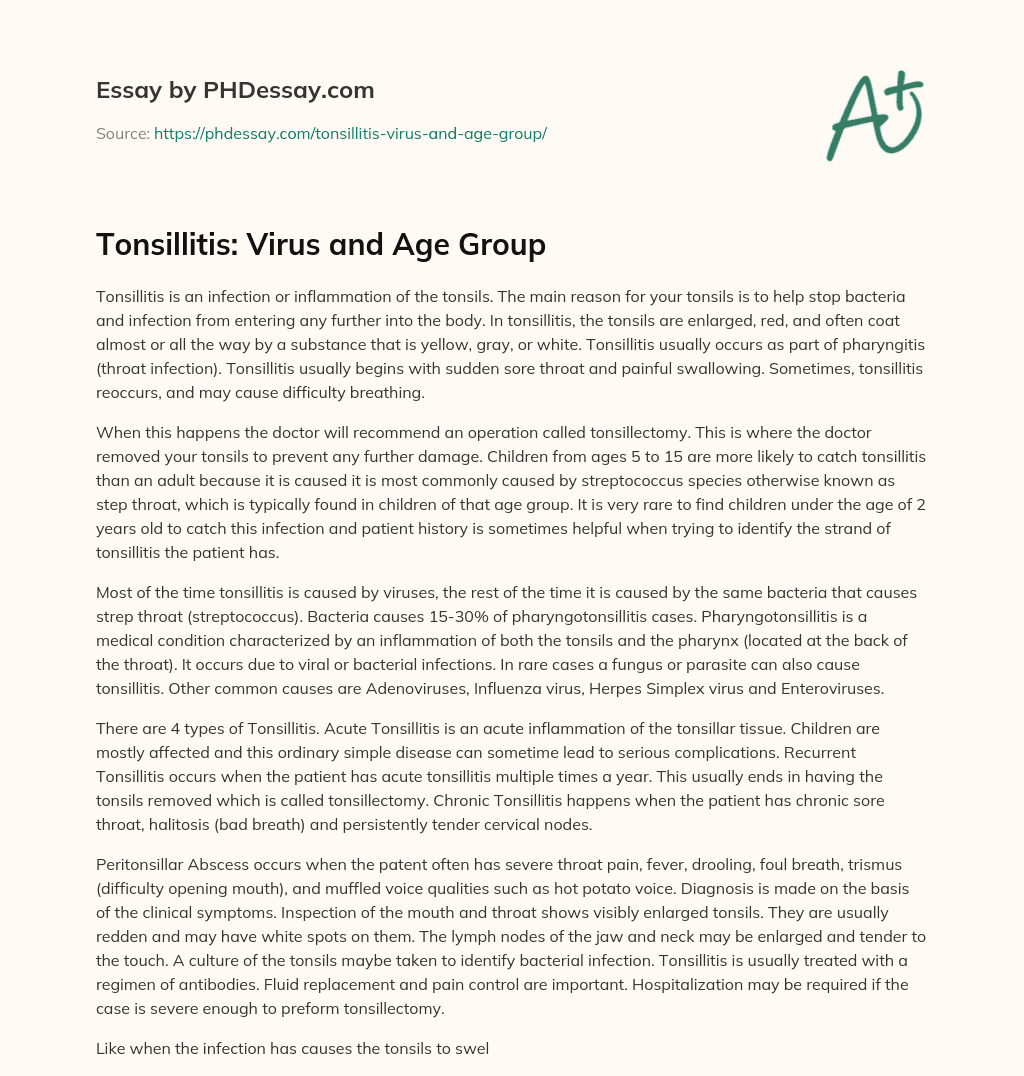 Tonsillitis: Virus and Age Group essay