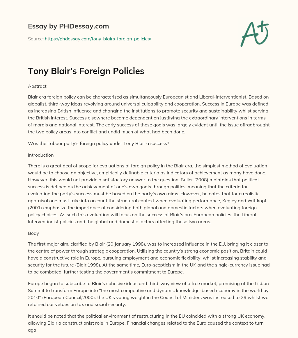 Tony Blair’s Foreign Policies essay