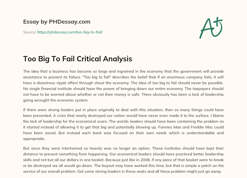 Too Big To Fail Critical Analysis essay