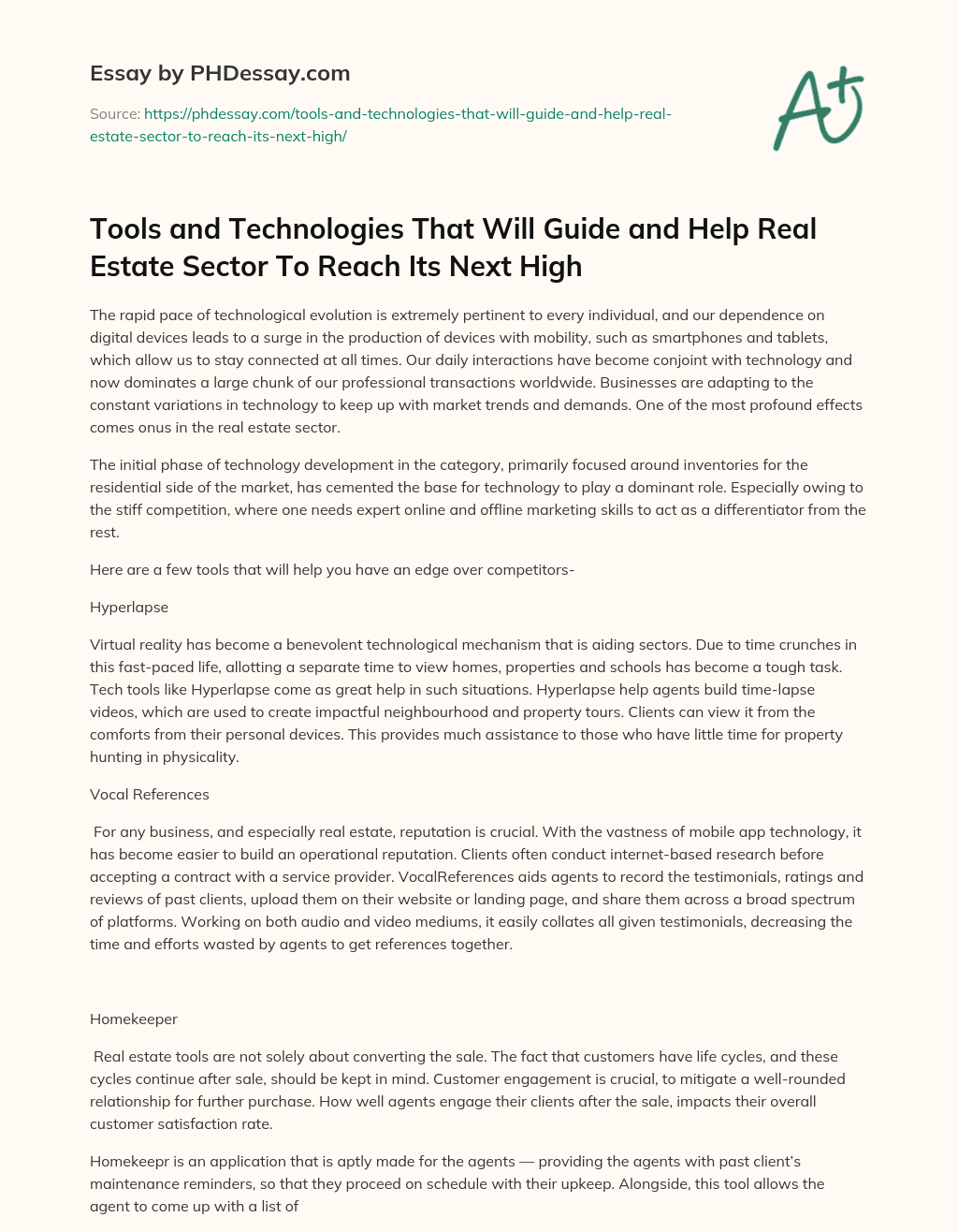 Tools and Technologies That Will Guide and Help Real Estate Sector To Reach Its Next High essay