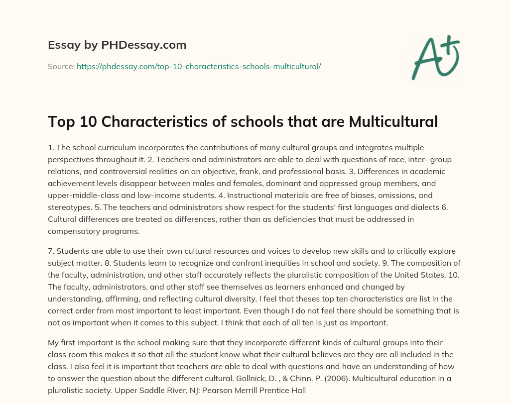 Top 10 Characteristics of schools that are Multicultural essay
