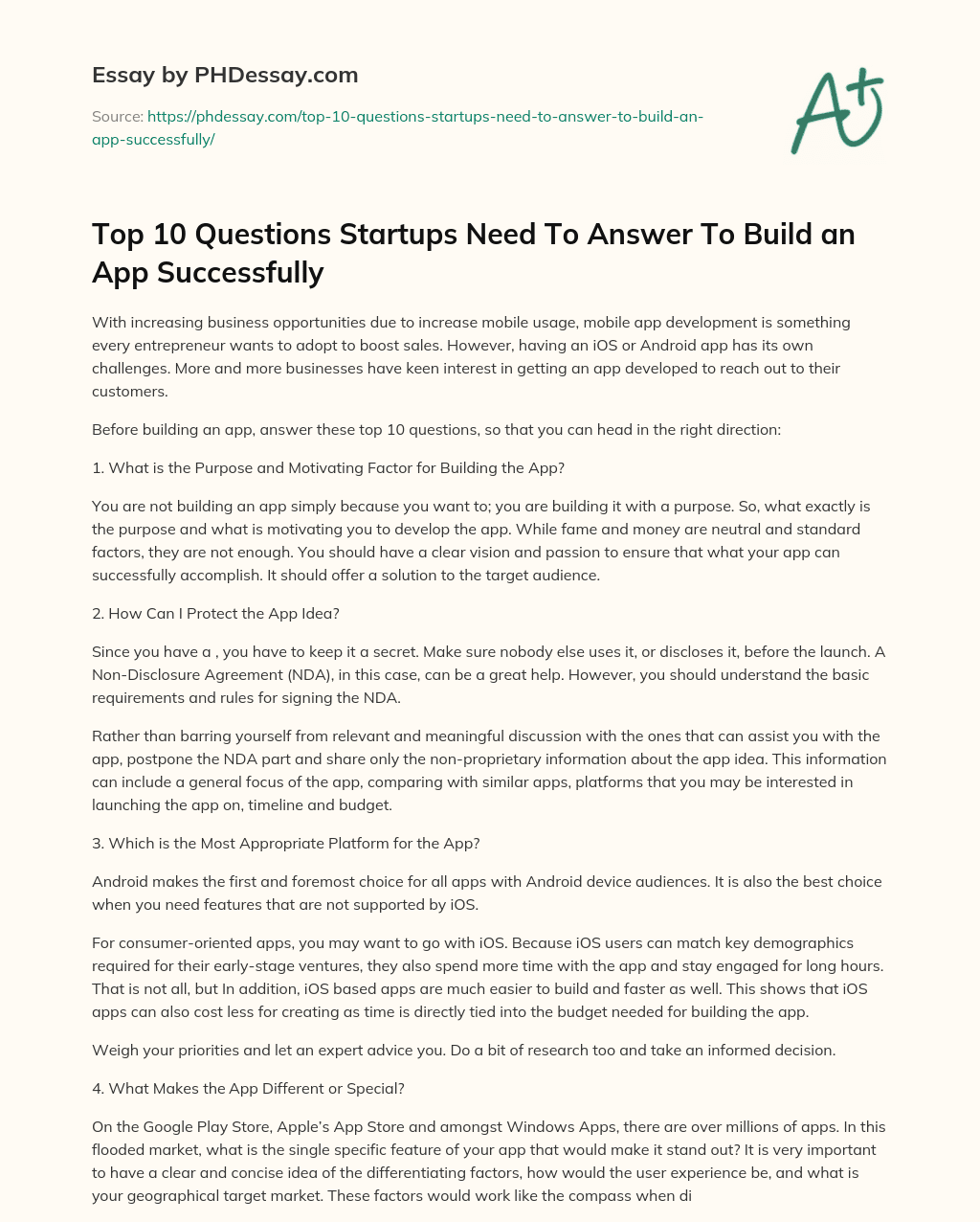 Top 10 Questions Startups Need To Answer To Build an App Successfully essay