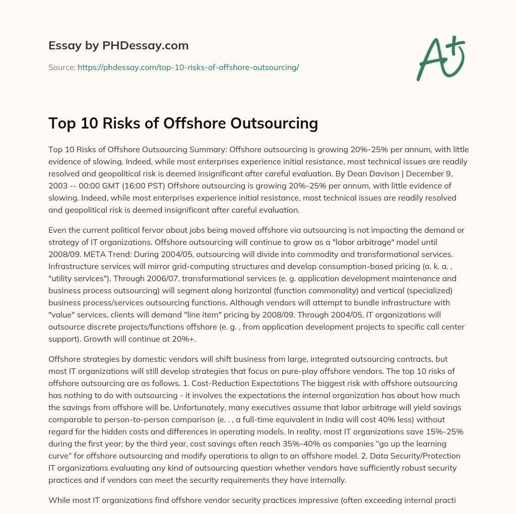 Top 10 Risks of Offshore Outsourcing essay