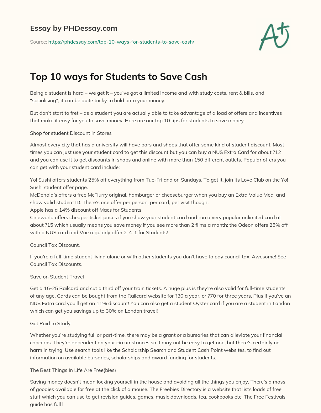 Top 10 ways for Students to Save Cash essay