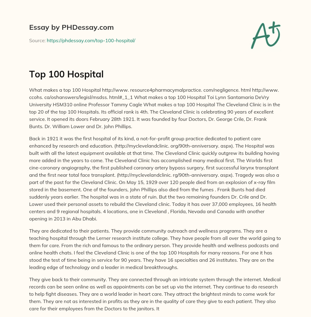 Top 100 Hospital essay