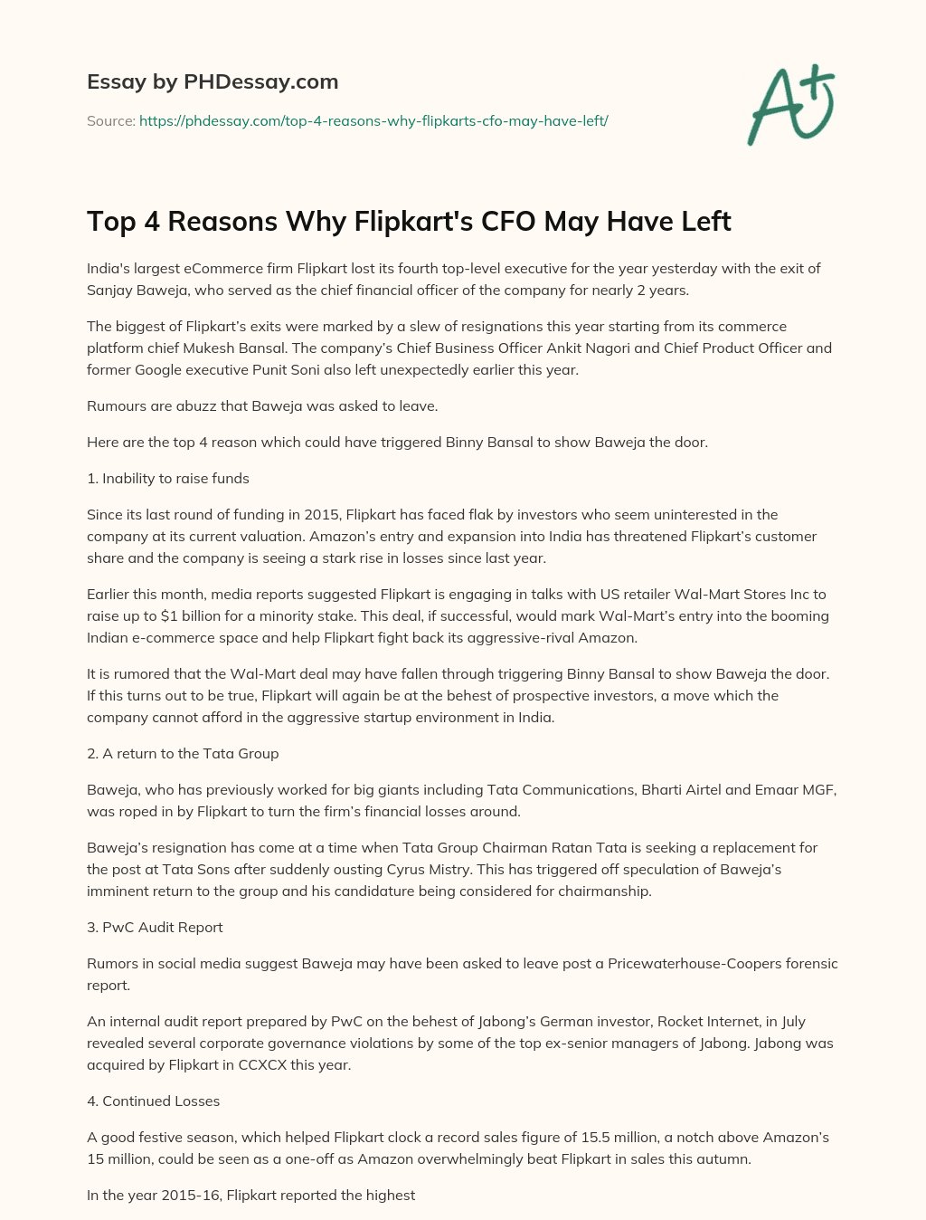 Top 4 Reasons Why Flipkart’s CFO May Have Left essay