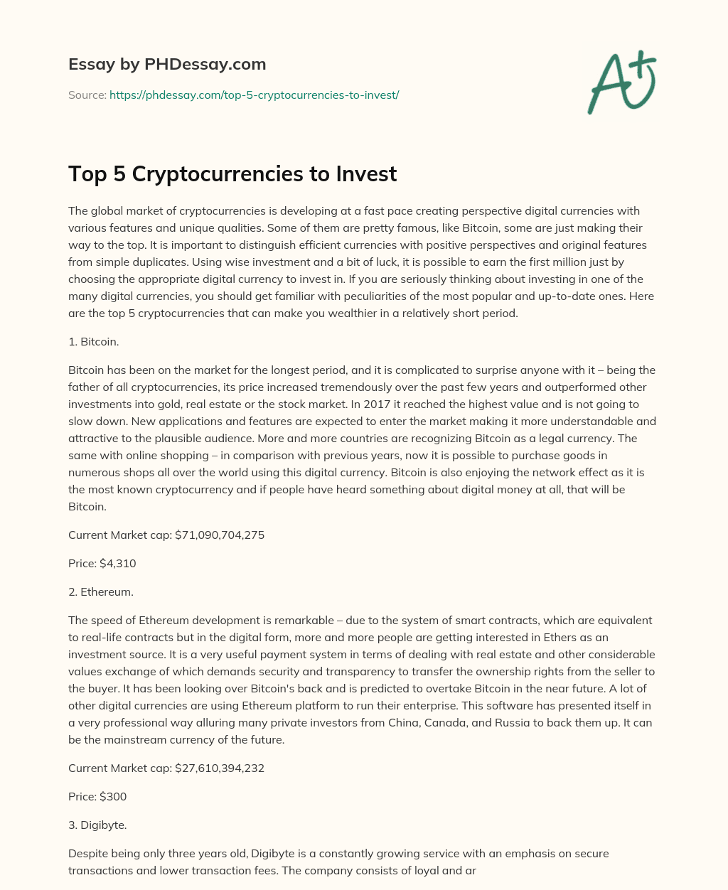 Top 5 Cryptocurrencies to Invest essay
