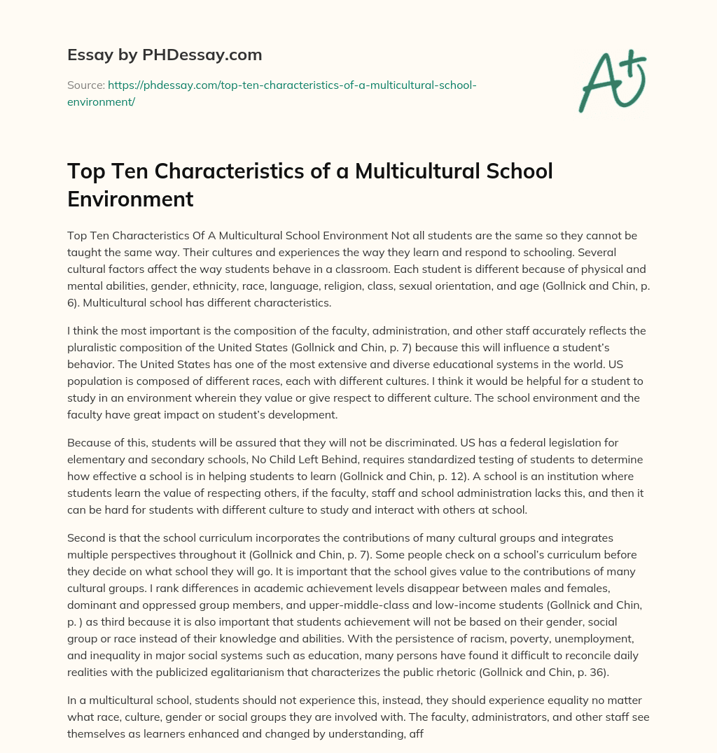 Top Ten Characteristics of a Multicultural School Environment essay
