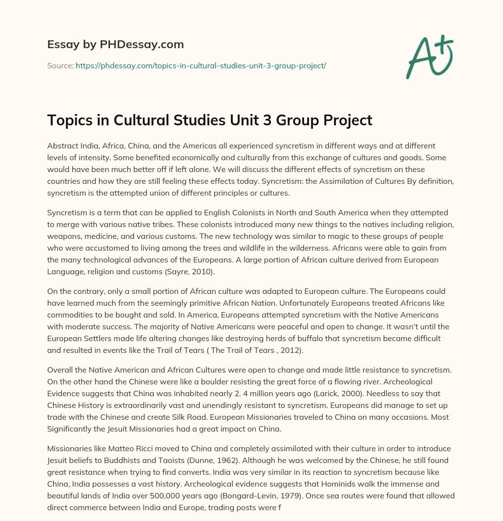 Topics in Cultural Studies Unit 3 Group Project essay