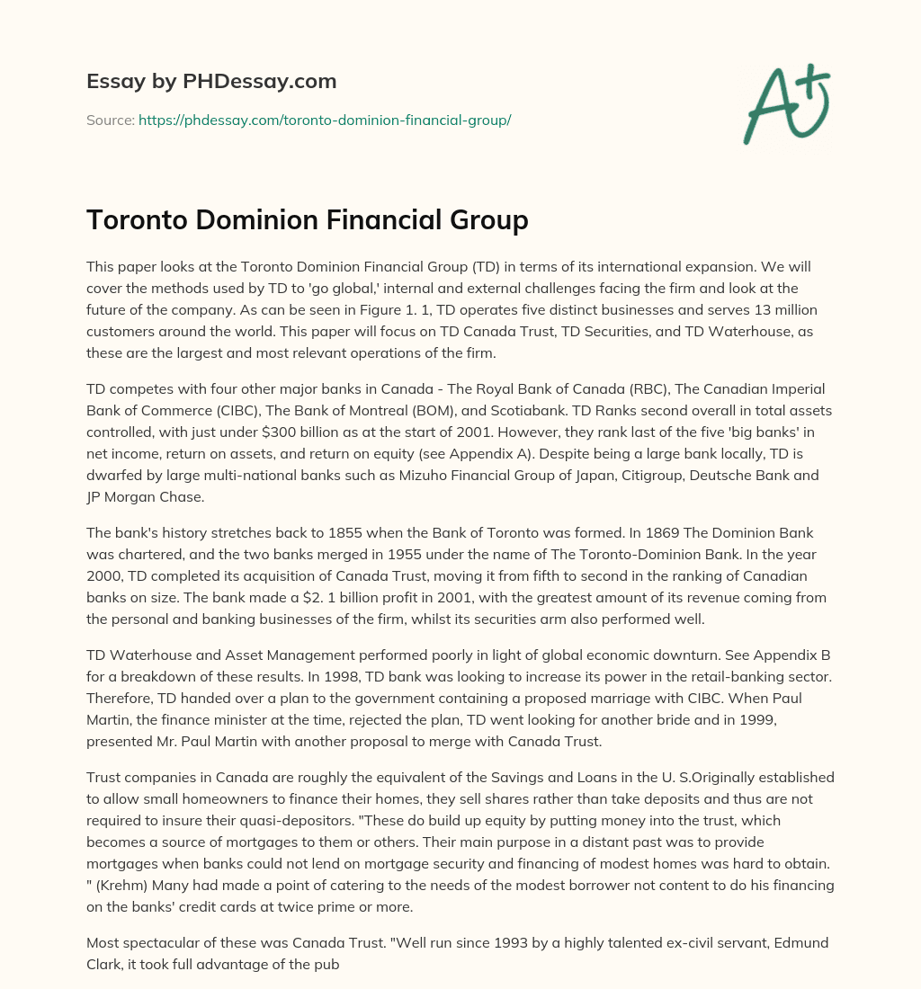 Toronto Dominion Financial Group essay
