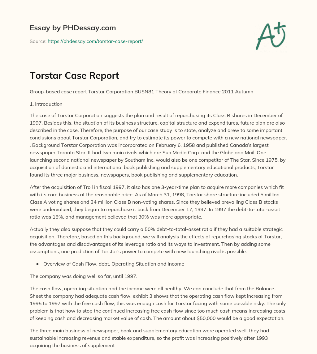 Torstar Case Report essay