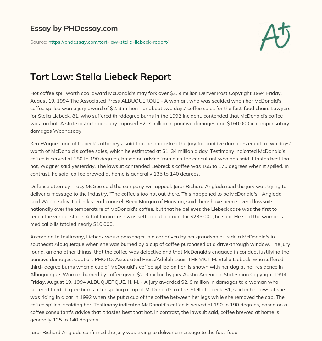 Tort Law: Stella Liebeck Report essay