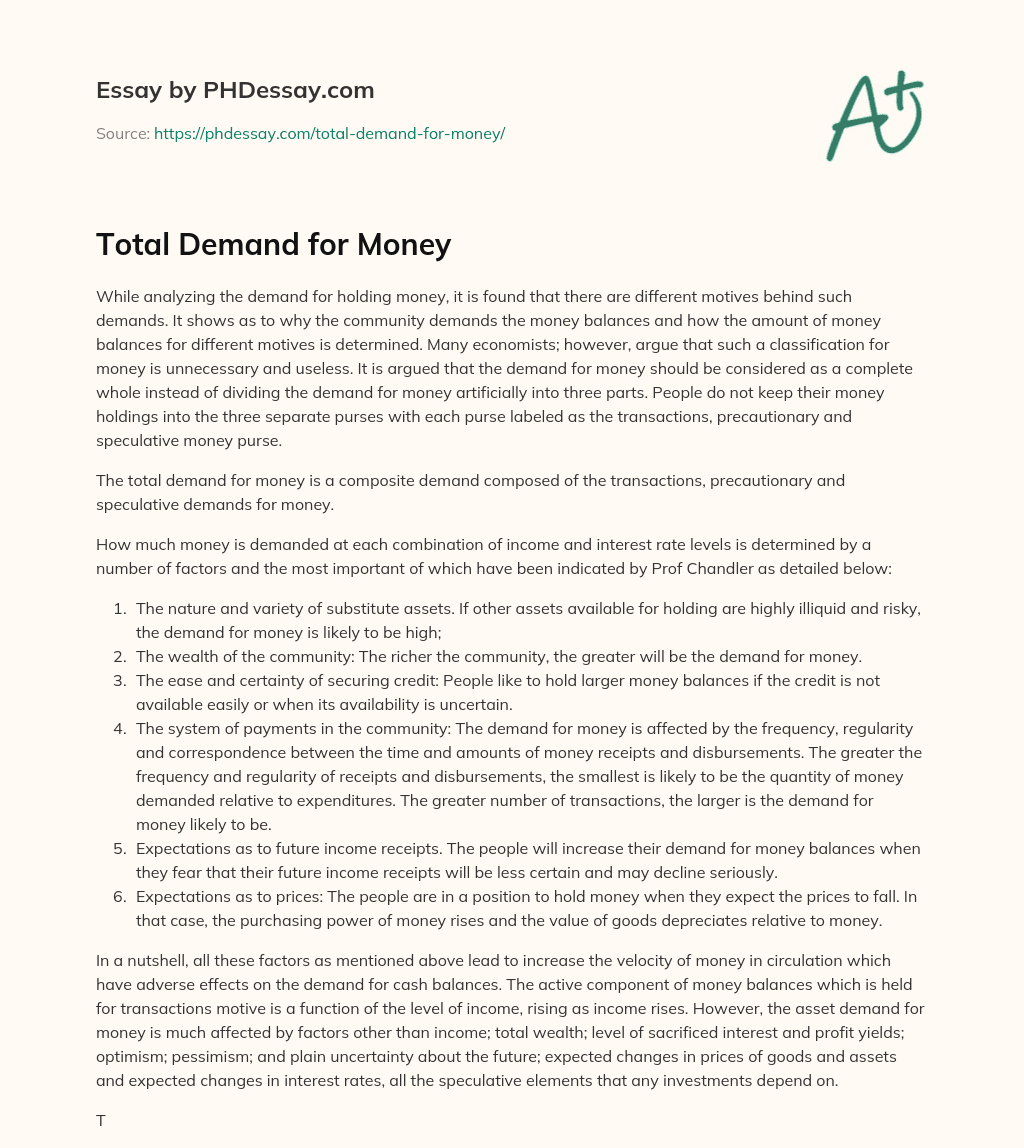 Total Demand for Money essay