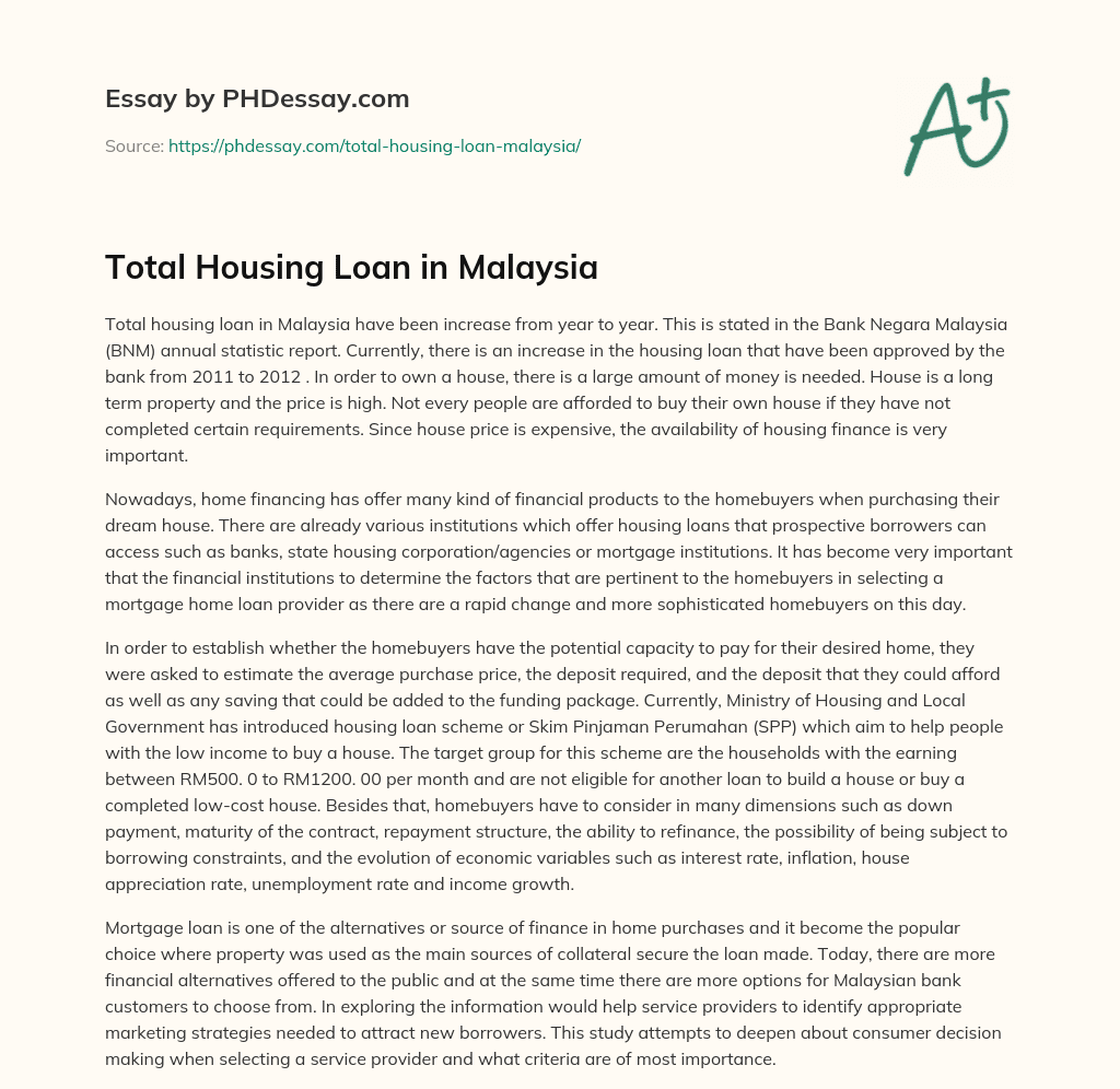 Total Housing Loan in Malaysia essay