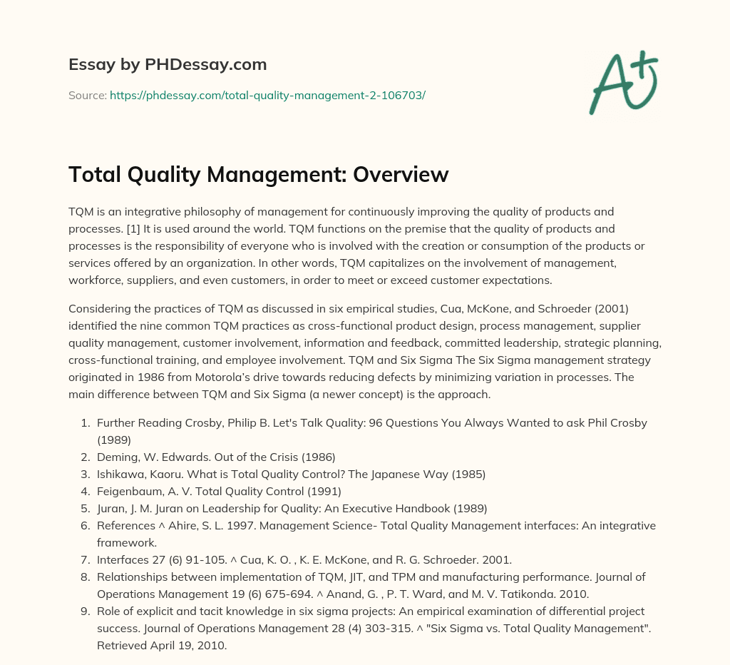 Total Quality Management: Overview essay