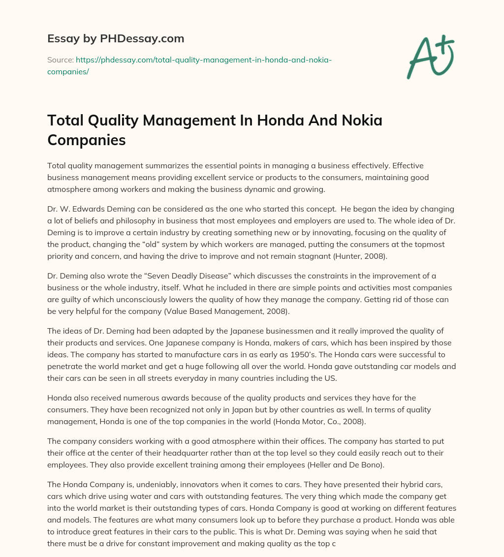 Total Quality Management In Honda And Nokia Companies essay