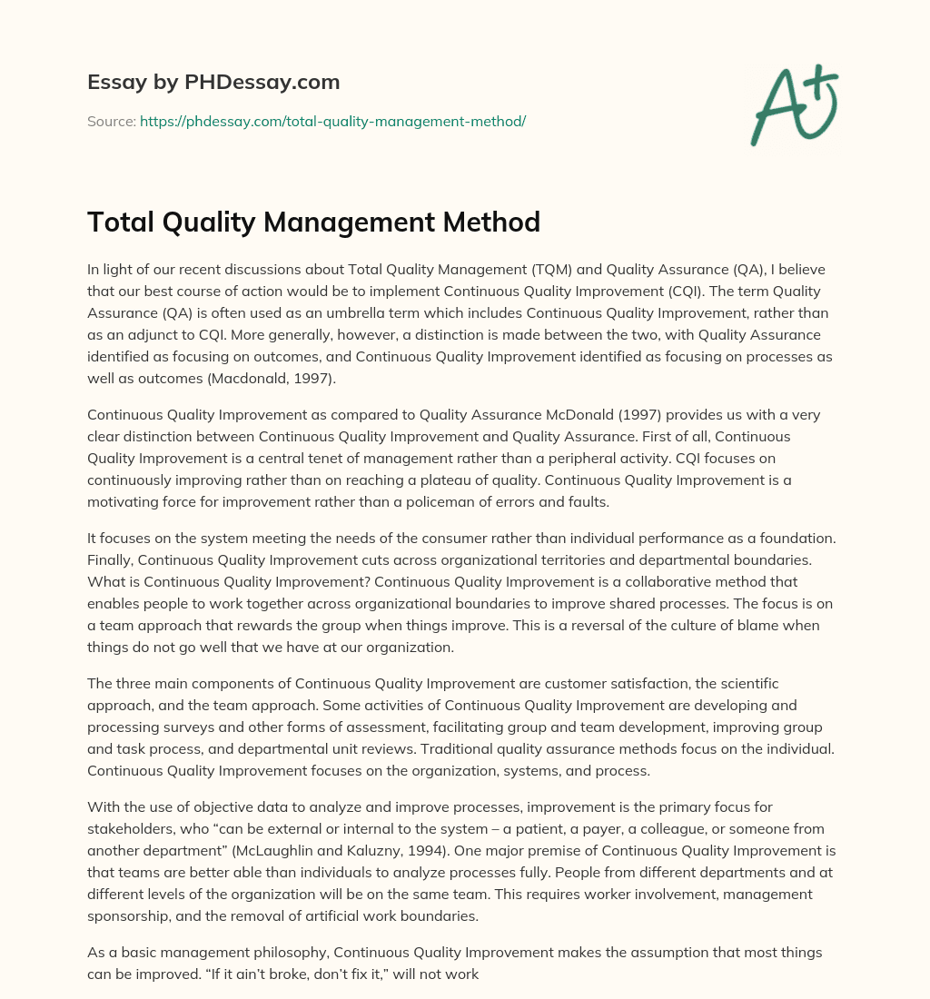 Total Quality Management Method essay
