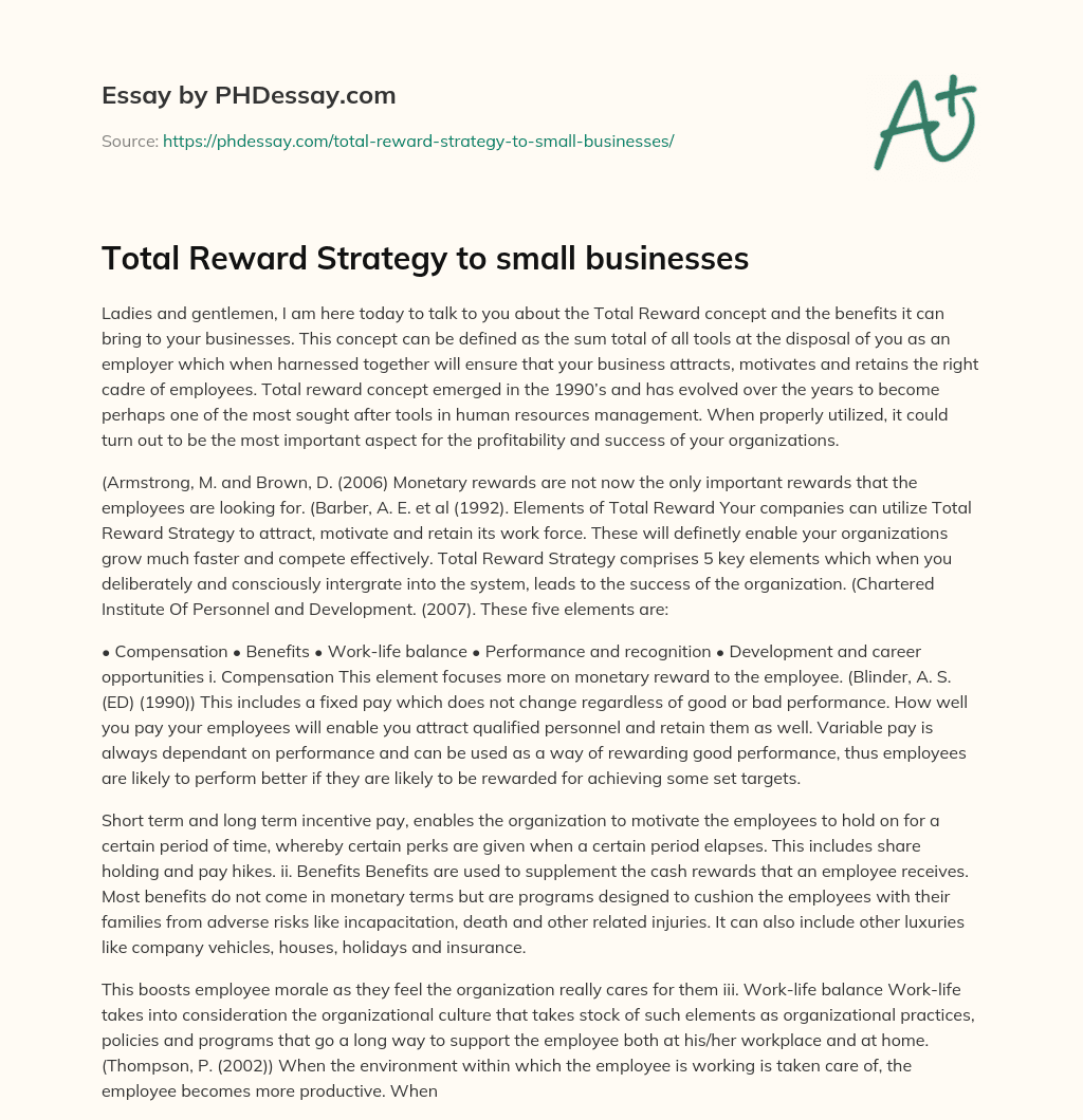 Total Reward Strategy to small businesses essay