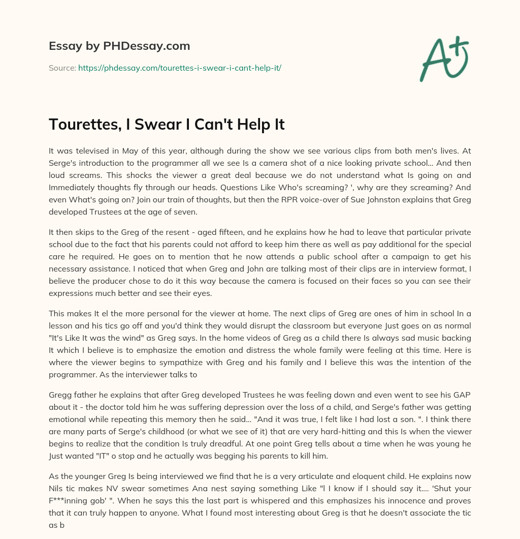 Tourettes, I Swear I Can’t Help It essay