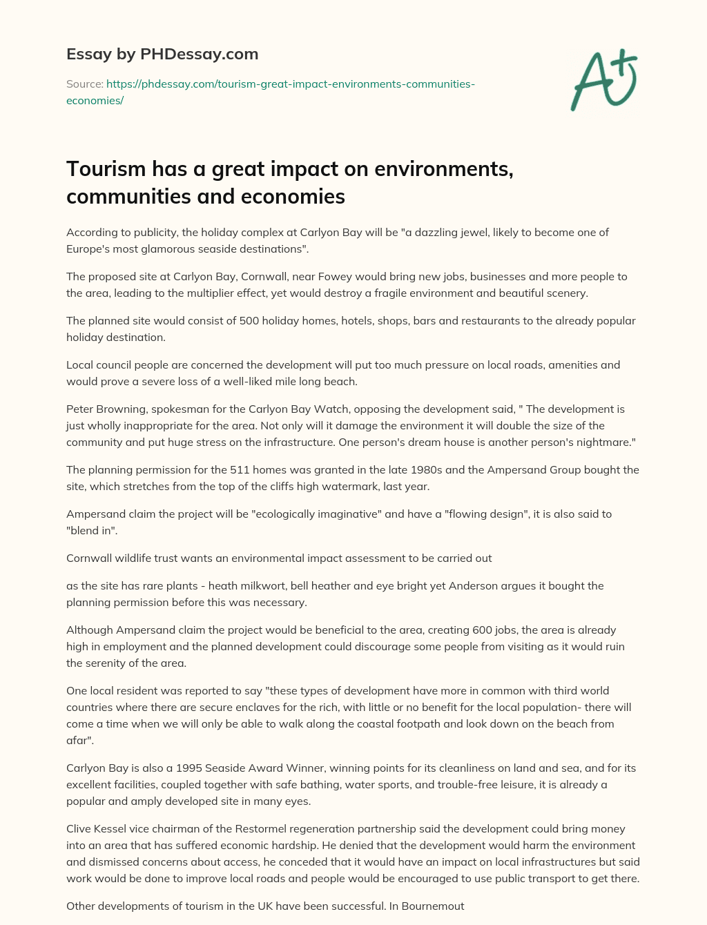 Tourism has a great impact on environments, communities and economies essay