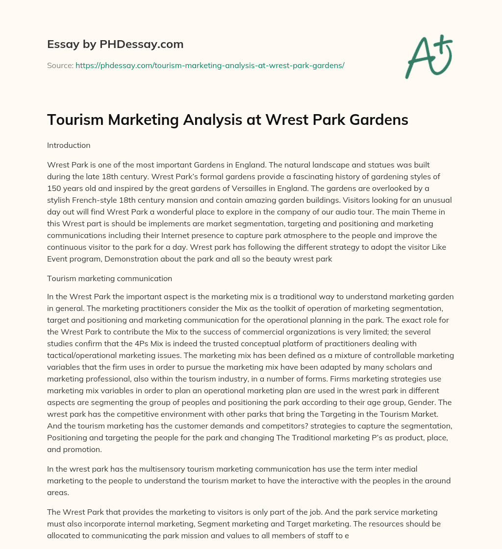 Tourism Marketing Analysis at Wrest Park Gardens essay