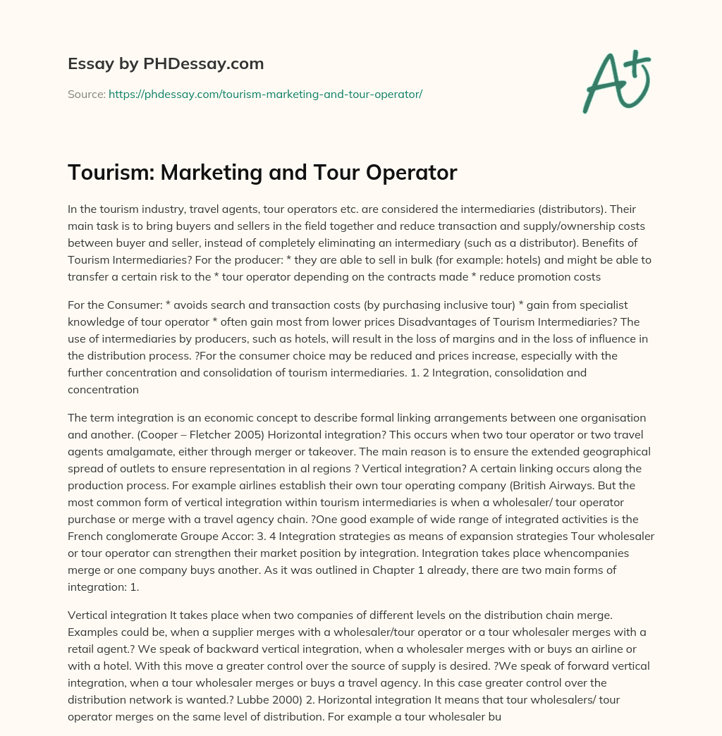 Tourism: Marketing and Tour Operator essay