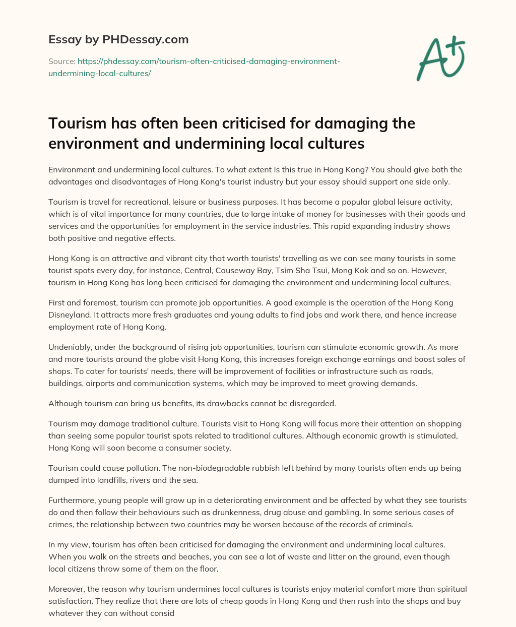 Tourism in Hong Kong: Balancing Economic Benefits and Cultural Preservation essay